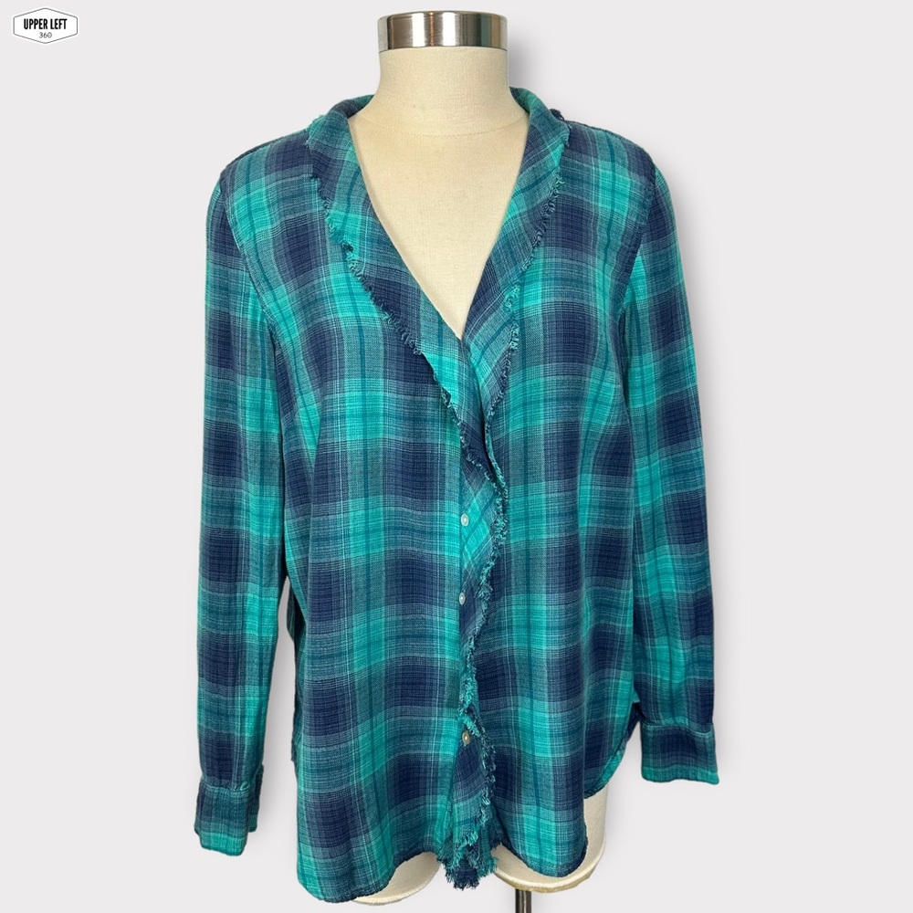 Sundance Plaid Flannel Fringe Button Down Shirt Large Teal Blue
